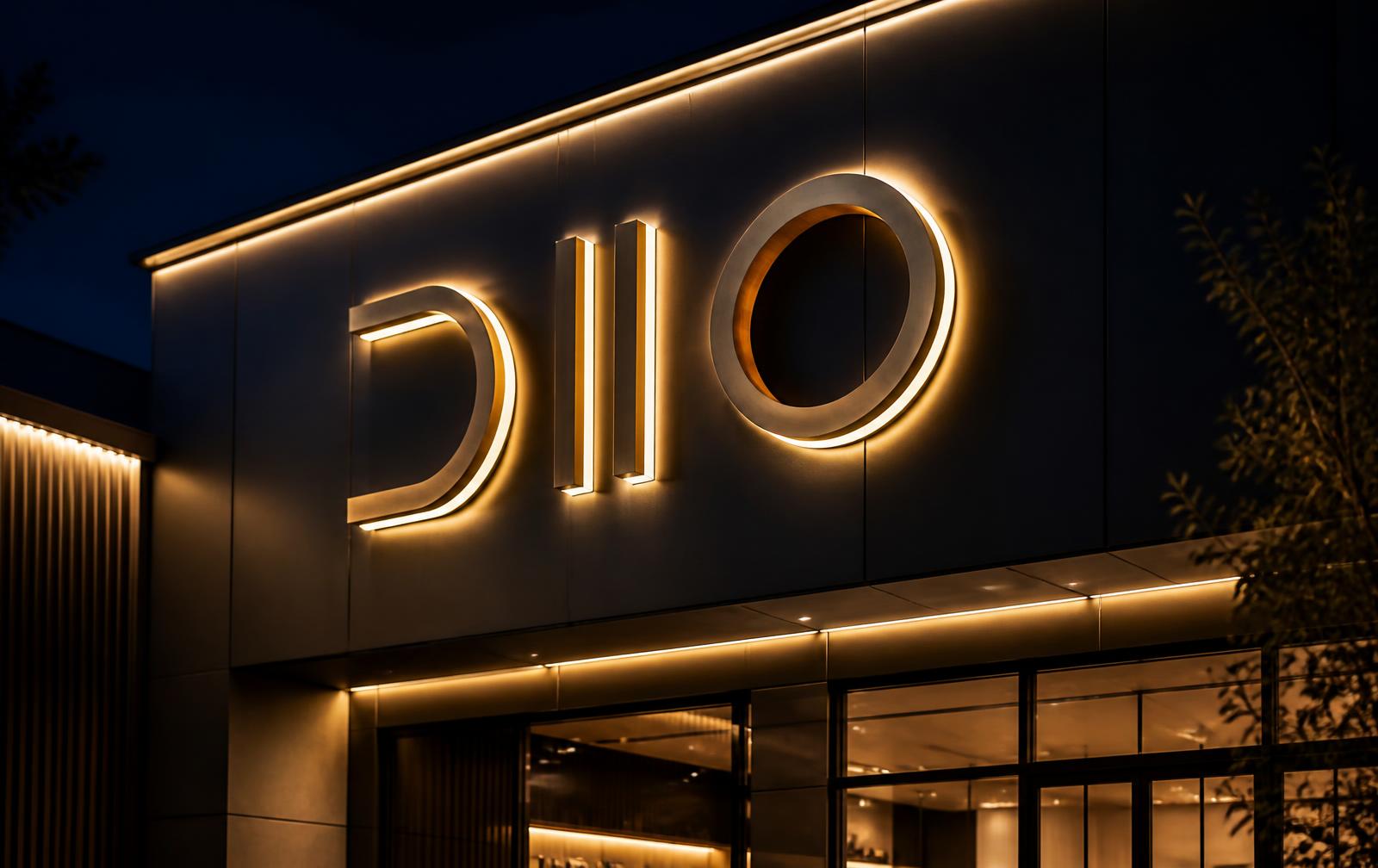 Illuminated 3D LED signage board on a modern building facade in Gurgaon
